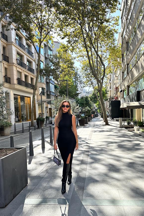 Özel Seri Ottoman Kumaş Toparlayıcı Sıfır Kol Balıkçı Yaka Kalem Elbise