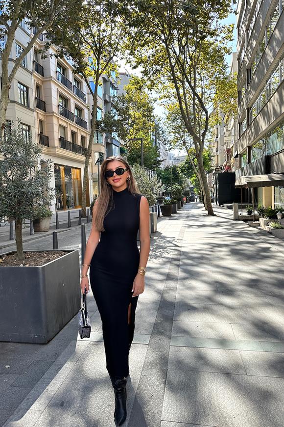 Özel Seri Ottoman Kumaş Toparlayıcı Sıfır Kol Balıkçı Yaka Kalem Elbise