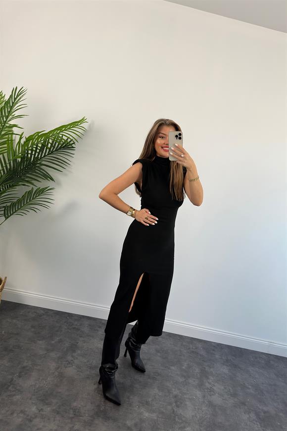 Özel Seri Ottoman Kumaş Vatkalı Dik Yaka Kalem Elbise