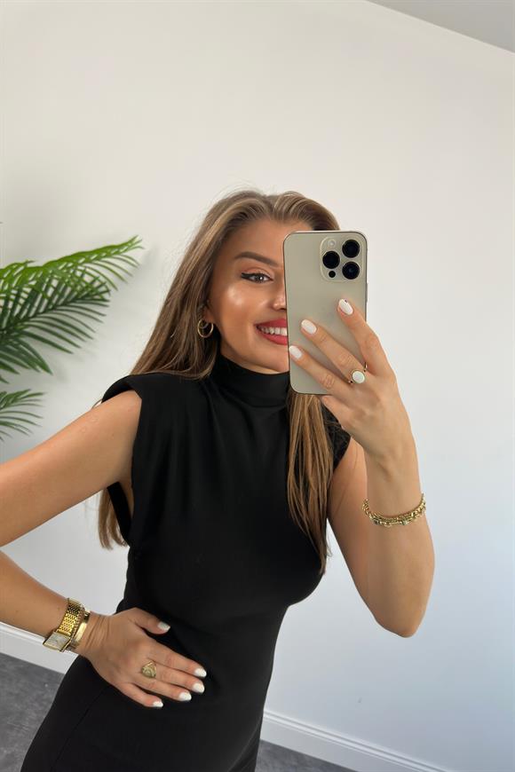 Özel Seri Ottoman Kumaş Vatkalı Dik Yaka Kalem Elbise