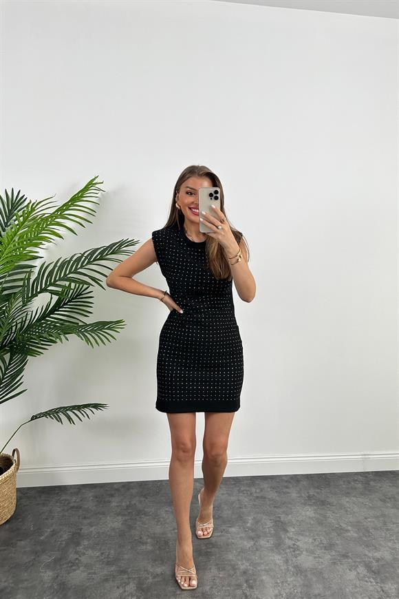 Özel Seri Ottoman Kumaş Vatkalı Taşlı Likralı Kalem Elbise