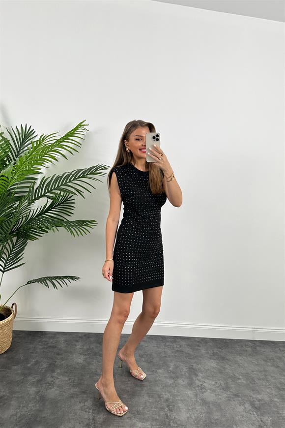 Özel Seri Ottoman Kumaş Vatkalı Taşlı Likralı Kalem Elbise