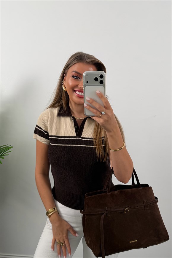 Özel Seri Polo Yaka Kısa Kol Şönil Triko Kahve Krem