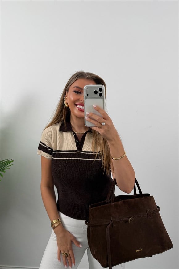 Özel Seri Polo Yaka Kısa Kol Şönil Triko Kahve Krem