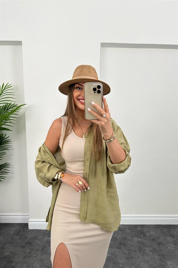 Özel Seri Ottoman Kumaş Yırtmaçlı  Basic Kalem Elbise Taş