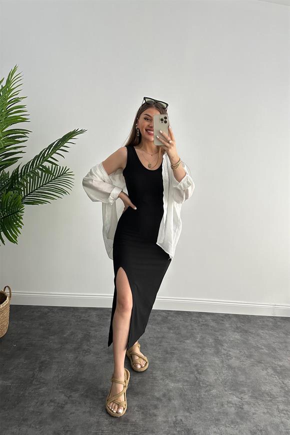 Özel Seri Ottoman Kumaş Yırtmaçlı  Basic Kalem Elbise Siyah