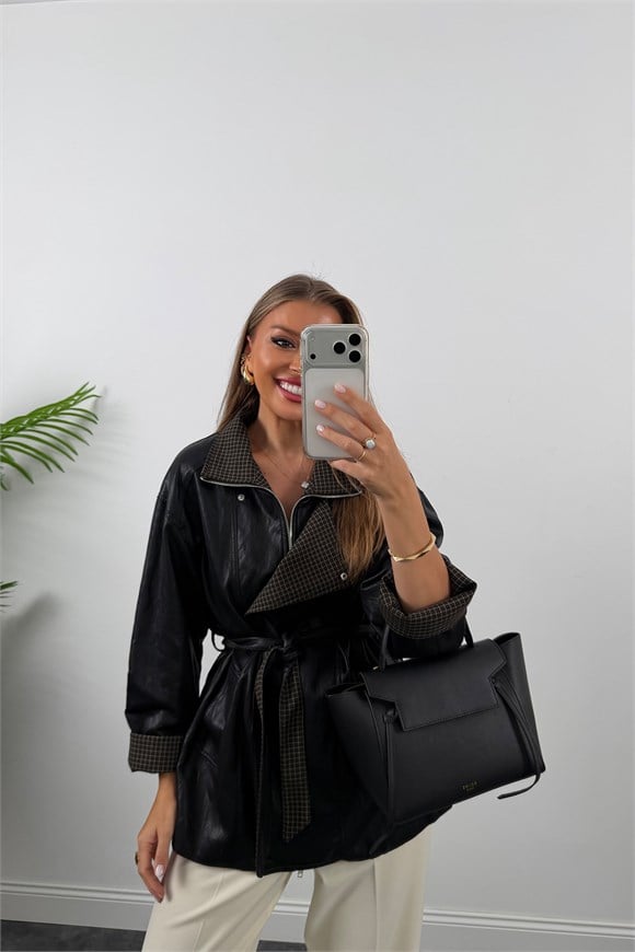 Özel Seri Yumuşak Vegan Deri Orta Boy Trençkot Siyah