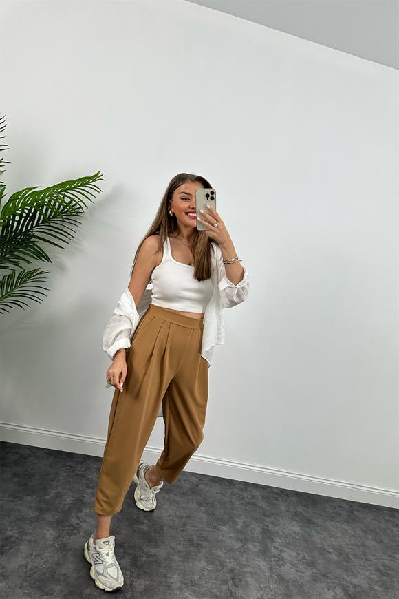 Özel Üretim Likralı Beli Lastikli Harem Pantolon Taba