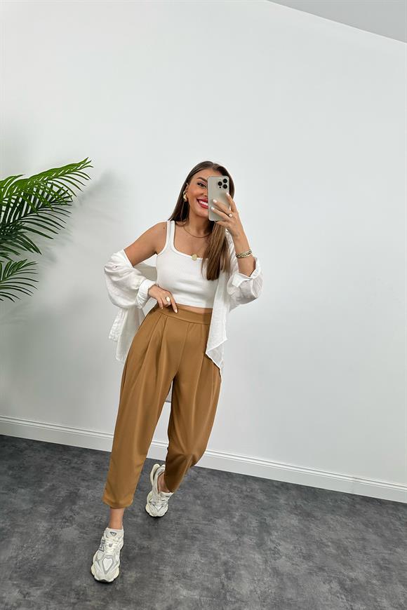 Özel Üretim Likralı Beli Lastikli Harem Pantolon Taba