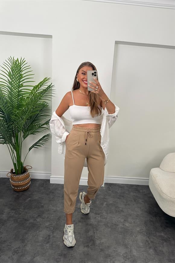 Paçası Pensli Likralı Jogger Pantolon Taş