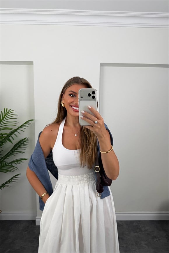 Pamuk Poplin Maxi Boy Basic Etek Beyaz