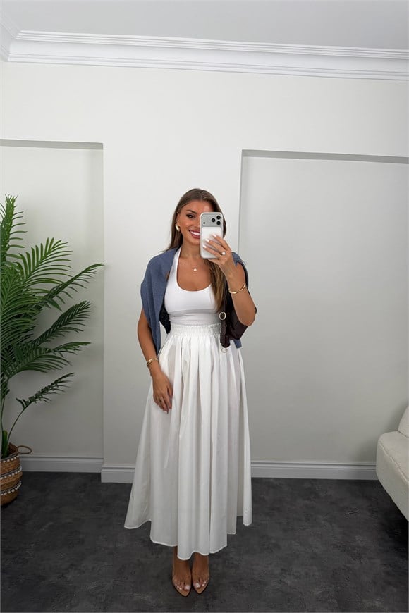 Pamuk Poplin Maxi Boy Basic Etek Beyaz
