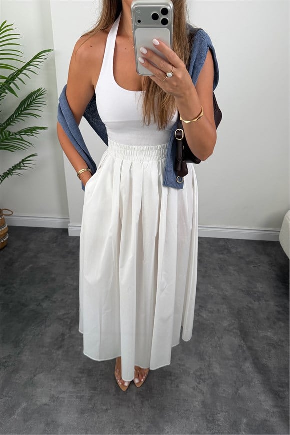 Pamuk Poplin Maxi Boy Basic Etek Beyaz