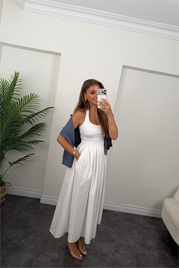Pamuk Poplin Maxi Boy Basic Etek Beyaz