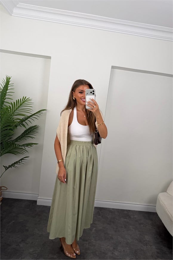 Pamuk Poplin Maxi Boy Basic Etek Haki