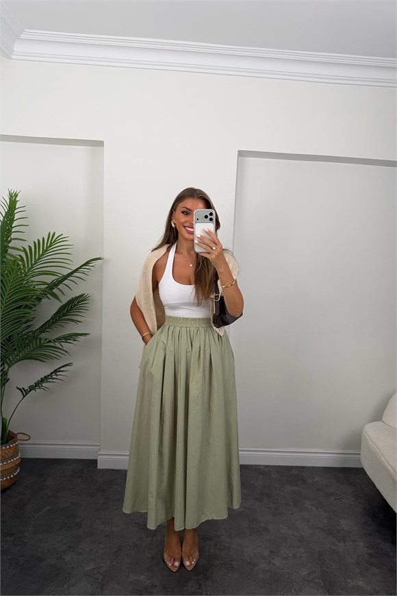 Pamuk Poplin Maxi Boy Basic Etek Haki