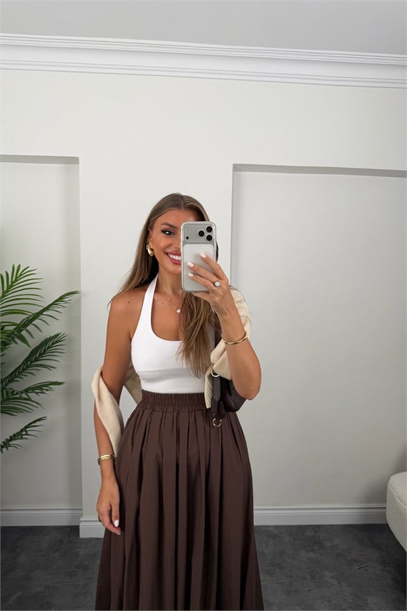 Pamuk Poplin Maxi Boy Basic Etek Kahverengi