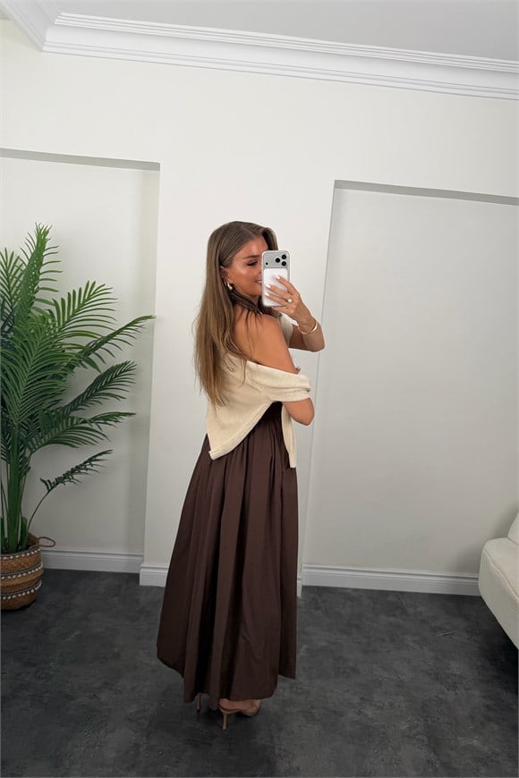 Pamuk Poplin Maxi Boy Basic Etek Kahverengi