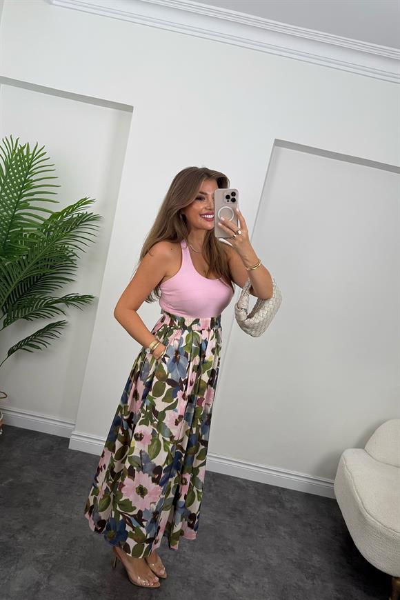 Pamuk Poplin Pembe Çiçekli Maxi Etek