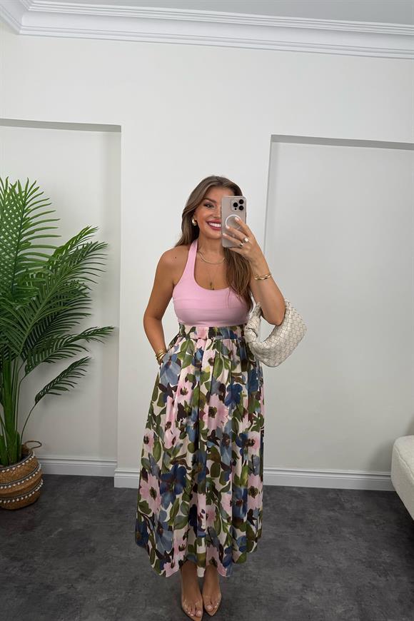 Pamuk Poplin Pembe Çiçekli Maxi Etek