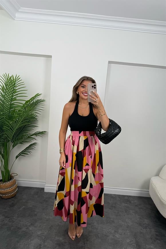 Pamuk Poplin Pembe Sarı Desenli Maxi Etek