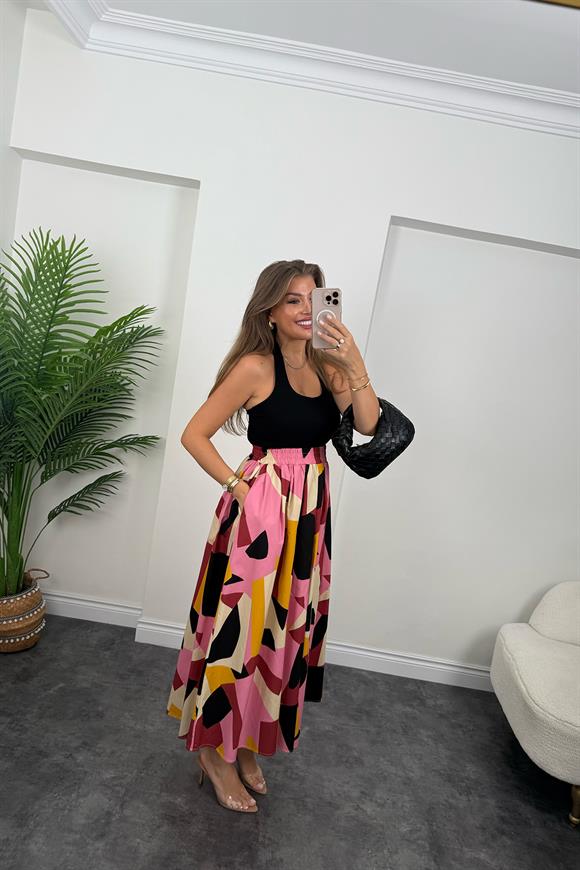 Pamuk Poplin Pembe Sarı Desenli Maxi Etek