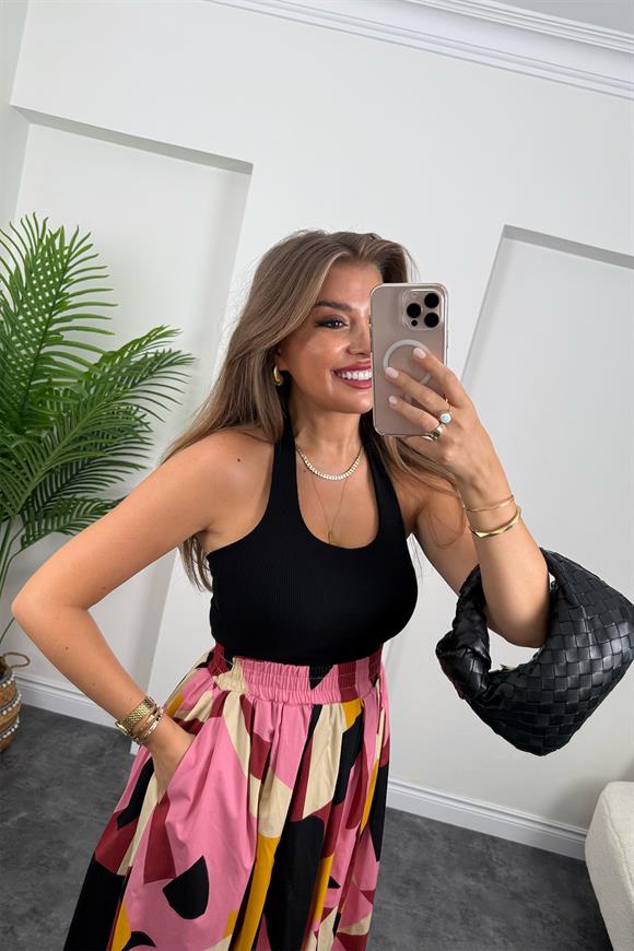 Pamuk Poplin Pembe Sarı Desenli Maxi Etek