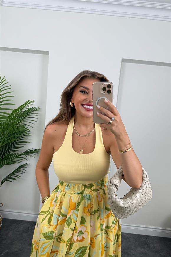 Pamuk Poplin Sarı Çiçekli Maxi Etek