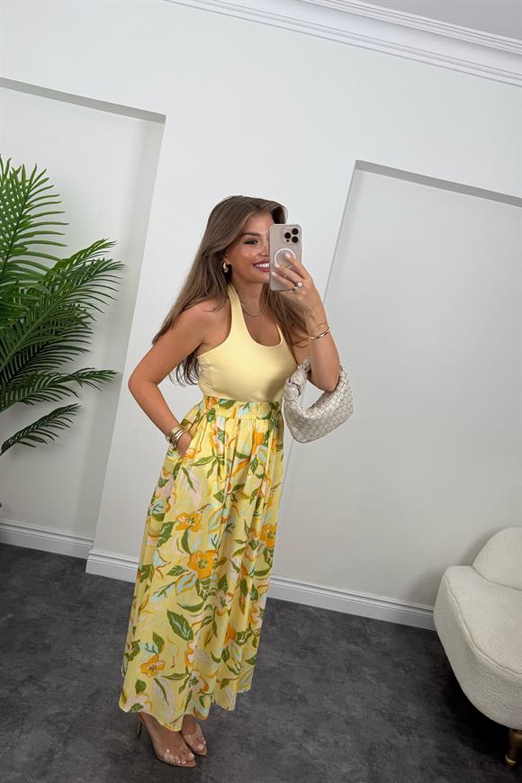 Pamuk Poplin Sarı Çiçekli Maxi Etek