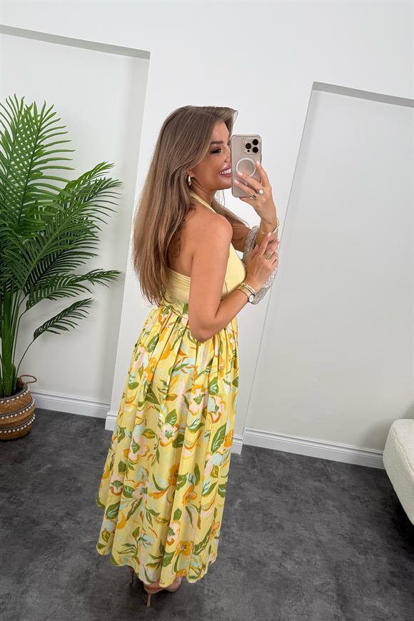 Pamuk Poplin Sarı Çiçekli Maxi Etek