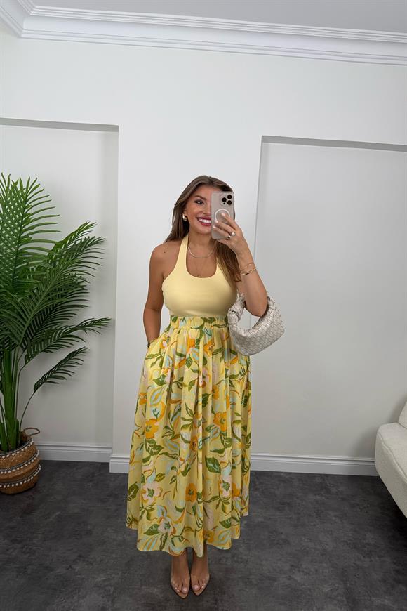 Pamuk Poplin Sarı Çiçekli Maxi Etek