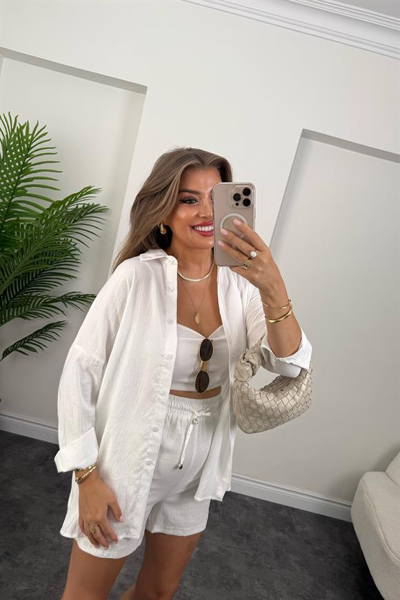 Pamuk Viskon Basic Şort Gömlek Takım Beyaz