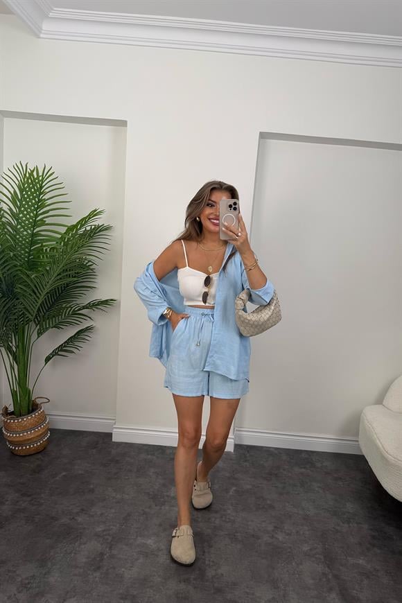 Pamuk Viskon Basic Şort Gömlek Takım Mavi