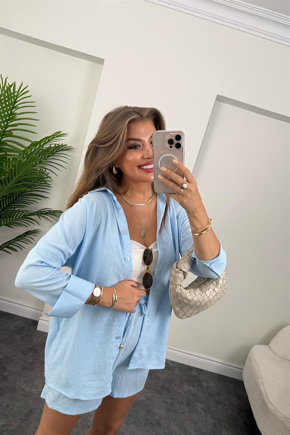 Pamuk Viskon Basic Şort Gömlek Takım Mavi