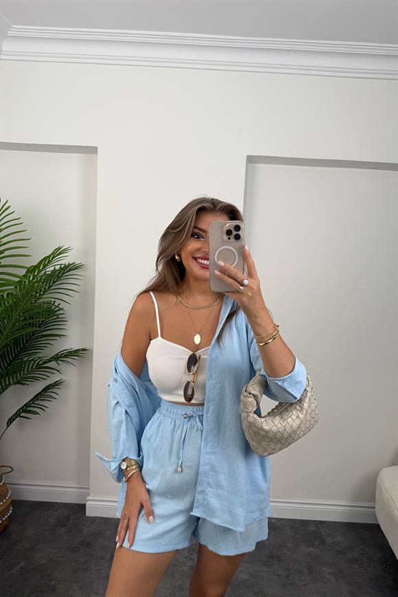 Pamuk Viskon Basic Şort Gömlek Takım Mavi