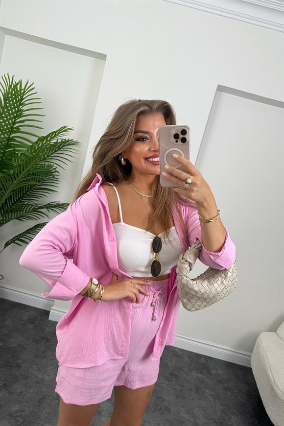 Pamuk Viskon Basic Şort Gömlek Takım Pembe