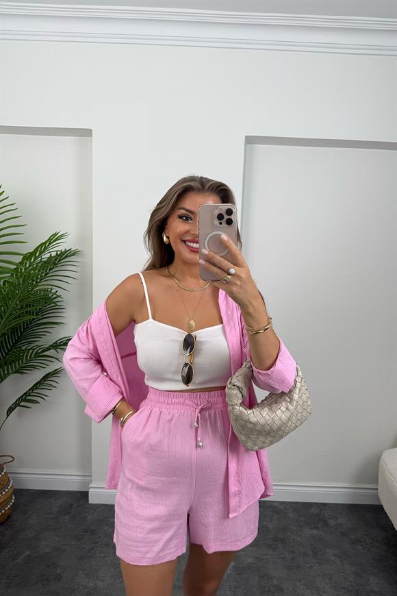 Pamuk Viskon Basic Şort Gömlek Takım Pembe