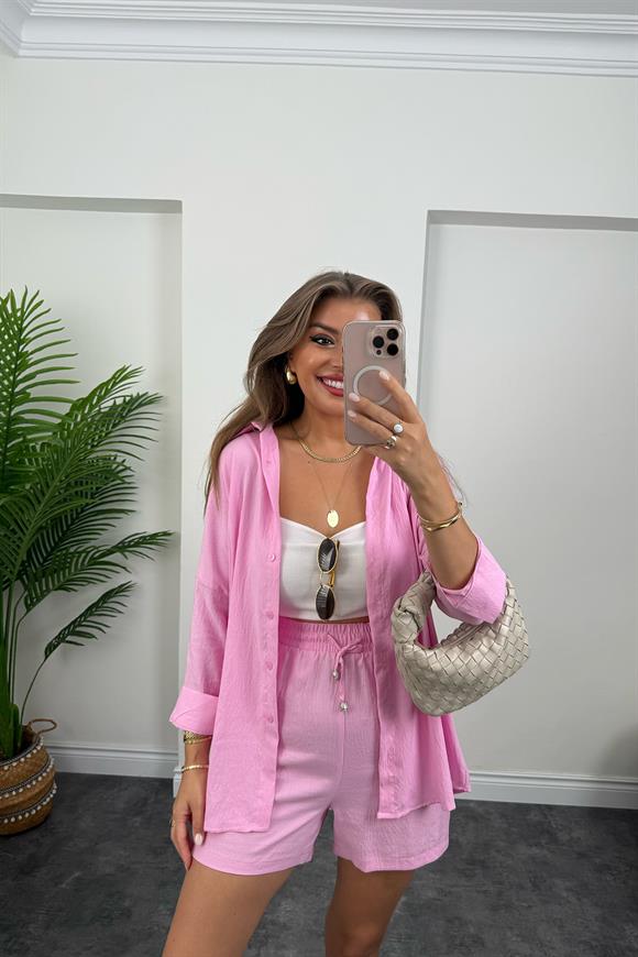 Pamuk Viskon Basic Şort Gömlek Takım Pembe