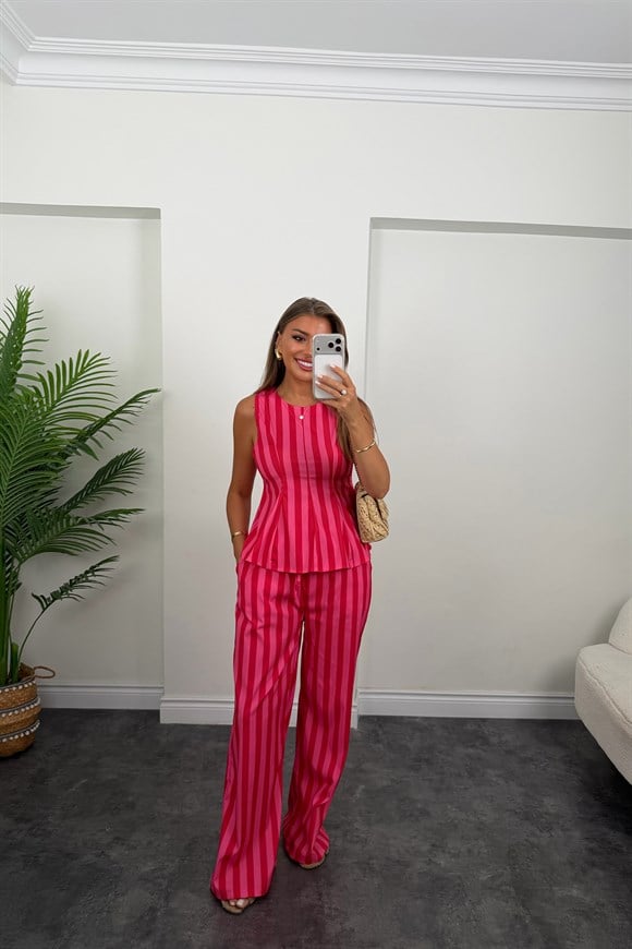 Pembe Çizgili Palazzo Bluz Peplum Takım