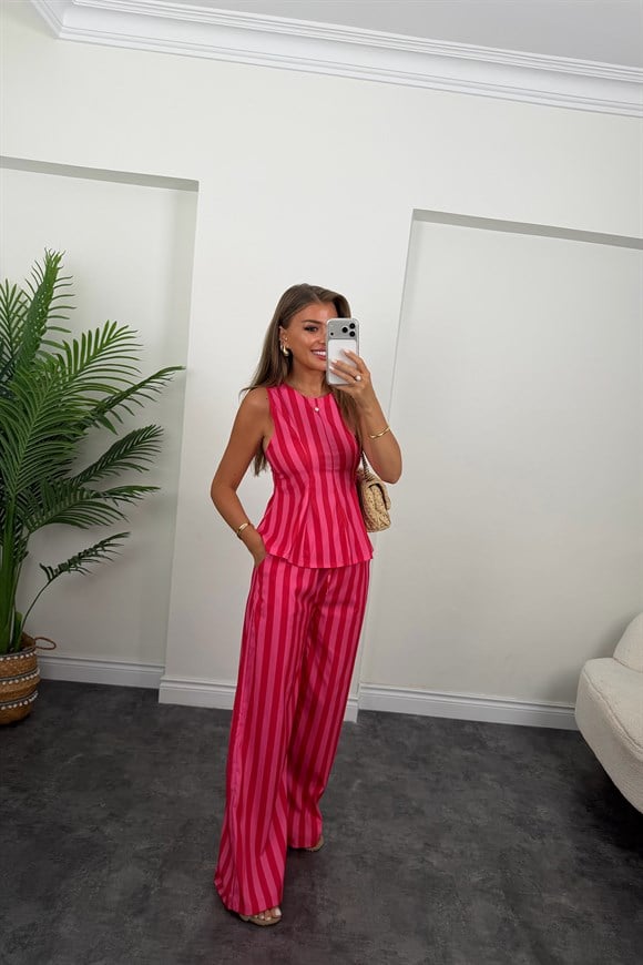 Pembe Çizgili Palazzo Bluz Peplum Takım