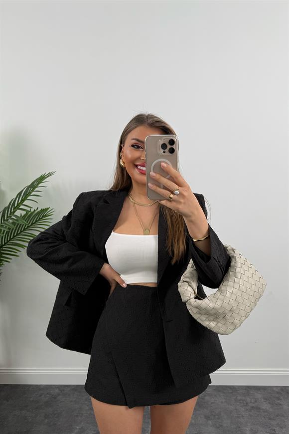Perry Premium Fisto Nakışlı Şort Etek Blazer Ceket Takım Siyah