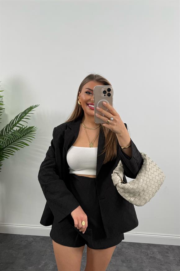 Perry Premium Fisto Nakışlı Şort Etek Blazer Ceket Takım Siyah