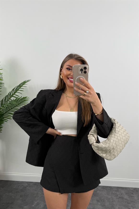Perry Premium Fisto Nakışlı Şort Etek Blazer Ceket Takım Siyah