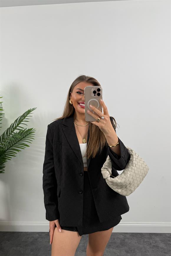 Perry Premium Fisto Nakışlı Şort Etek Blazer Ceket Takım Siyah