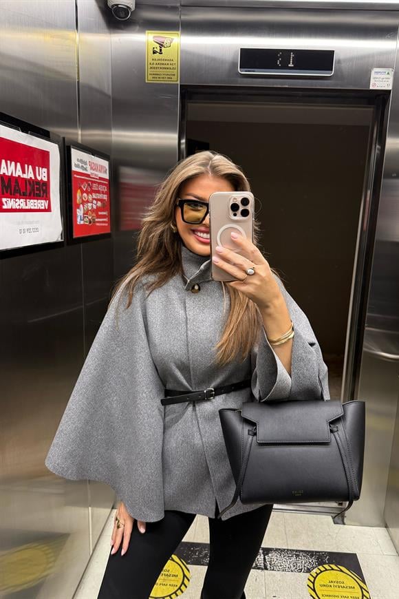 Pinterest Kemerli Kaşe Panço Kaban Gri