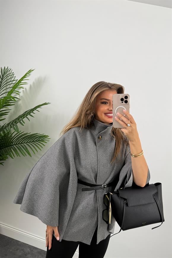 Pinterest Kemerli Kaşe Panço Kaban Gri