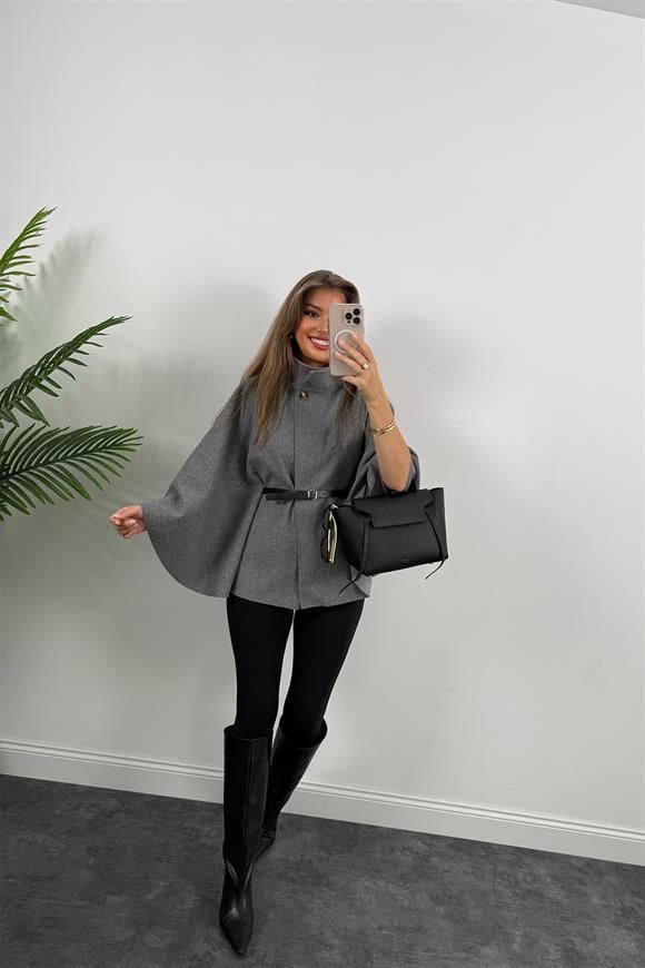 Pinterest Kemerli Kaşe Panço Kaban Gri