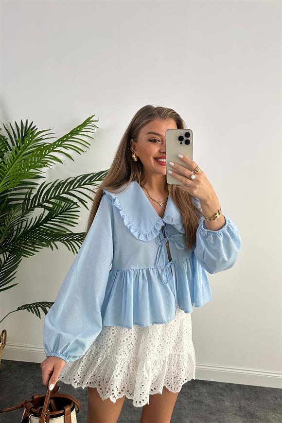Pinterest Model Bebe Yaka Romantik Gömlek Tatlı Mavi