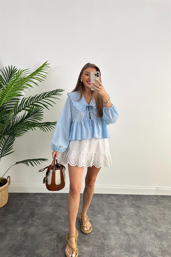 Pinterest Model Bebe Yaka Romantik Gömlek Tatlı Mavi
