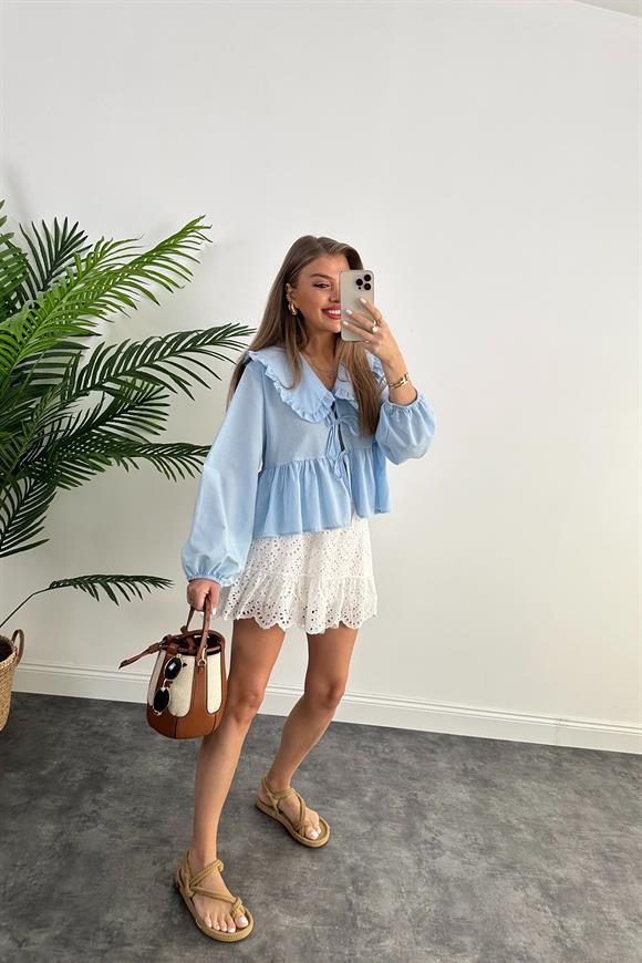 Pinterest Model Bebe Yaka Romantik Gömlek Tatlı Mavi